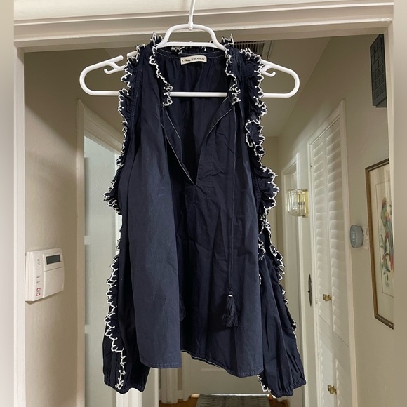 EUC ULLA JOHNSON Blue Amandine Embroidered Cold Shoulder Ruffle Blouse - Picture 7 of 10